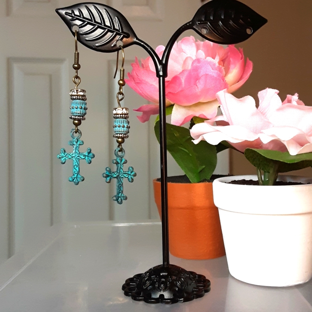 Handmade Patina Cross Earrings